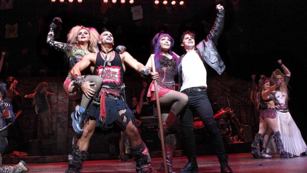 Erin Clare, pictured with Gareth Keegan, Jaz Flowers and Thern Reynolds, stars as Scaramouche in We Will Rock You which opens in Brisbane on July 14.