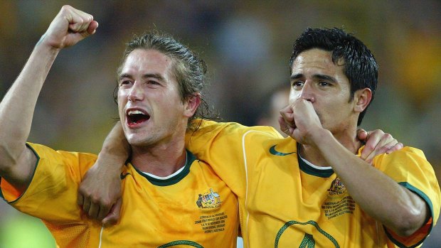 As good as it gets? Harry Kewell and Tim Cahill after the Socceroos qualified for the 2006 World Cup.