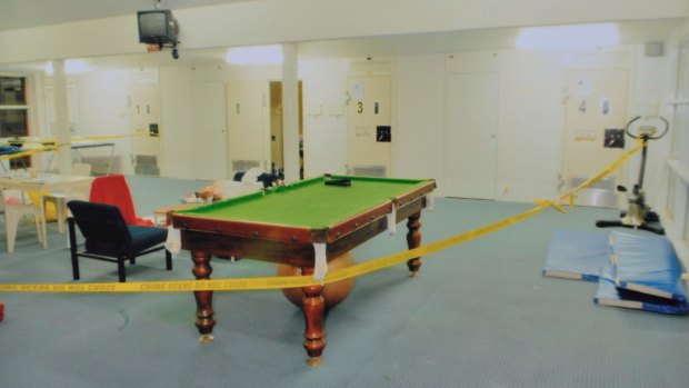 Crime scene photo of the day room after the killing of Carl Williams in Barwon Prison. 