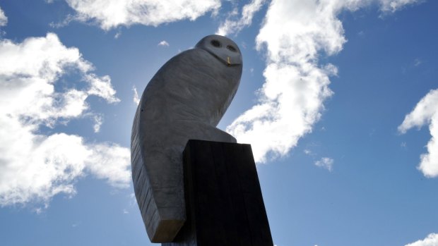 An owl sculpture, by Bruce Armstrong, keeps watch over Belconnen.