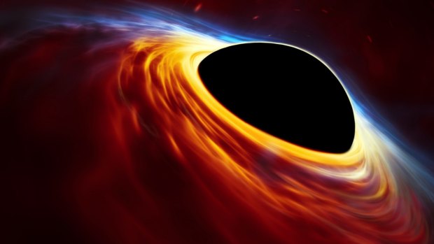 An artist's impression depicts a rapidly spinning supermassive black hole surrounded by an accretion disc.