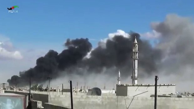 Smoke rises after airstrikes by military jets in Talbiseh, Homs province, western Syria, in 2015. 