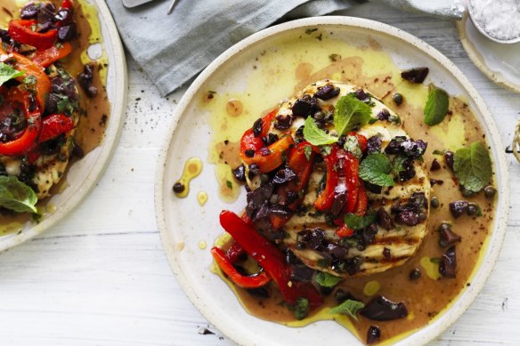 A barbecue swordfish with sweet sour-sour red capsicum.