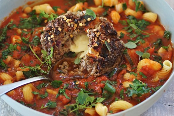 Minestrone with cheese-stuffed meatball.