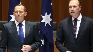 Joke under fire: Peter Dutton, right, with Tony Abbott and Scott Morrison.