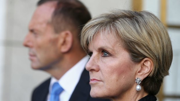 Tony Abbott with Julie Bishop during the press conference.
