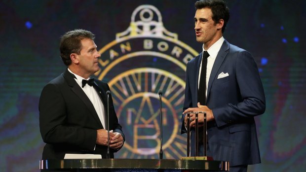  Mitchell Starc speaks on stage after winning the Test Player of the Year award during the 2017 Allan Border Medal at The Star  in Sydney. 