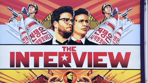 A poster for Sony Picture's "The Interview" which  allegedly made the company a target of North Korean-backed hackers.