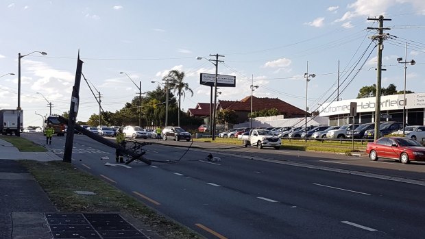 All westbound lanes of Parramatta Road were closed as emergency services dealt with the snapped power pole.
