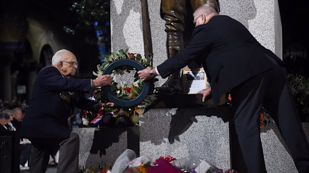 A wreath is laid in Martin Place at the dawn service.