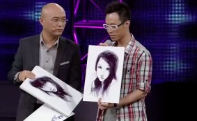 Meng Fei (left) and Dong Yan, with portraits of Wu Zhengzhen, on Chinese dating show If You Are the One in 2012. Wu and Dong are now married and live in Melbourne.