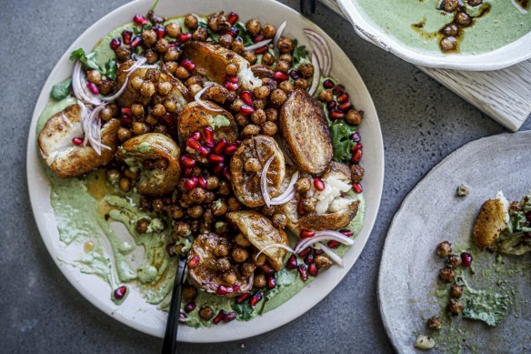 An Indian-inspired snack of spice roasted potatoes, chickpeas and mint yoghurt.
