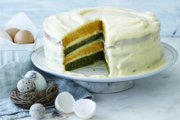 Two-tone Easter cake with cream cheese icing.