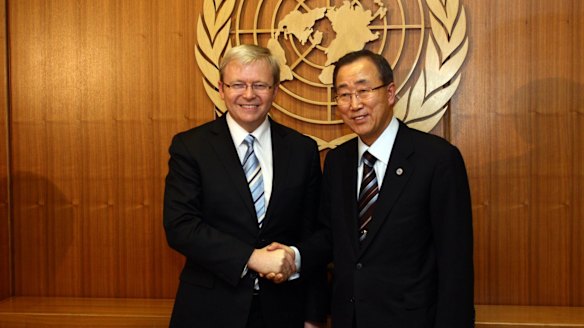 Kevin Rudd and UN secretary-general Ban Ki Moon at UN headquarters in New York last month.