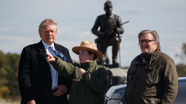 Donald Trump, left, and Steve Bannon, right, visit Gettysburg National Military Park in October. 