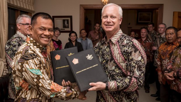 Happier times: General Gatot Nurmantyo and Australian Defence chief Air Marshal Mark Binskin after signing a statement on defence co-operation in October. 