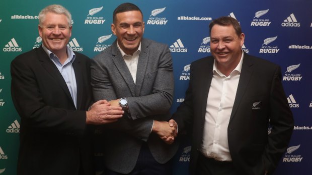 NZRU CEO Steve Tew, pictured with Sonny Bill Williams and All Blacks coach Steve Hansen in June.