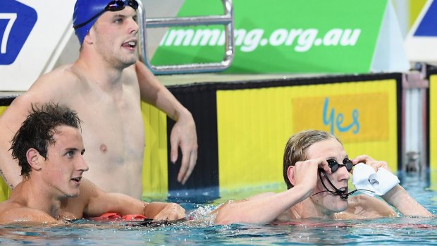 Confused: Cameron McEvoy, Kyle Chalmers and Mack Horton after the 200m freestyle final.