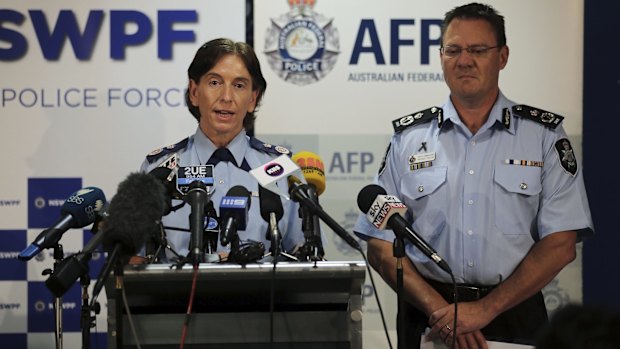 NSW Police Deputy Commissoner Catherine Burn and AFP Deputy
Commissoner Michael Phelan during a press conference about two men arrested at Fairfield on Tuesday for alleged terrorism offences.
 