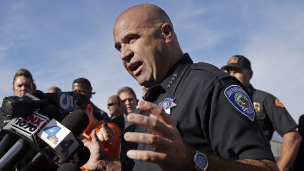 San Bernardino Police Chief Jarrod Burguan speaking after the mass shooting.