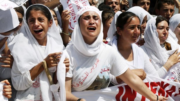 Yazidi Kurdish women protest against Islamic State in Dohuk, Iraq, last year. 