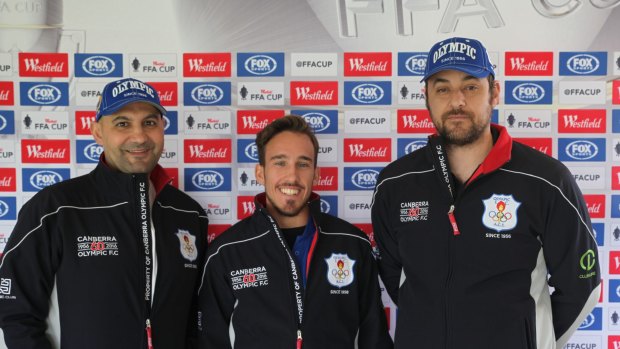 Canberra Olympic coach Frank Cachia with players Daniel Colbertaldo and Angelo Konstantinou have been preparing for their match against Redlands United.