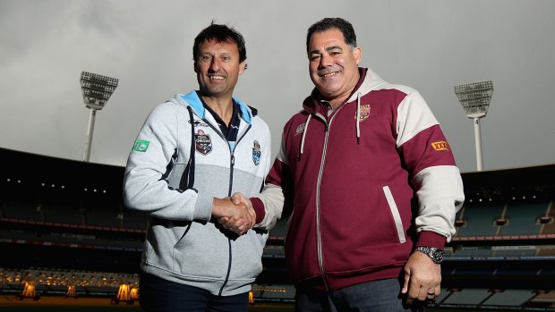 Mate against mate: NSW coach Laurie Daley and Queensland coach Mal Meninga promote this year's Origin series at the MCG.