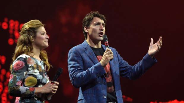 Canada's Prime Minister Justin Trudeau, and his wife Sophie speak to the crowd during the Global Citizen Festival concert on the eve of the G-20 summit.