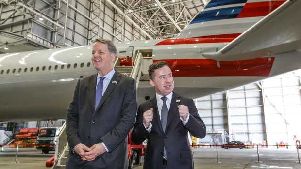 American Airlines CEO Doug Parker, left, with Qantas CEO Alan Joyce in Sydney  before the launch of American's Sydney-Los Angeles flights.