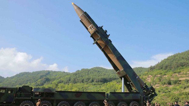 A file photo of what North Korea says was the launch of a Hwasong-14 intercontinental ballistic missile in early July.