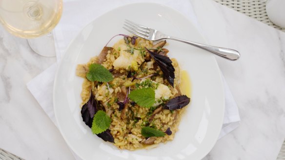 Coral trout risotto with leeks and pine mushrooms is old-school good.