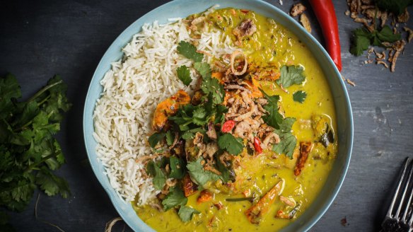 Lemongrass chicken and sweet potato curry recipe. Cheap cut curries for Good Food July 2019. Please credit Katrina Meynink. Good Food use only.