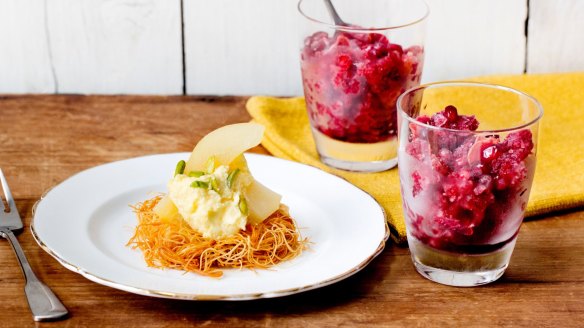 Pastry nests with poached pears, feta and saffron cream (left) and pomegranate and rose granita.