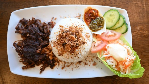 West Sumatran-style beef rendang with rice.