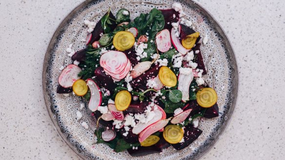 Steamed beetroot and leaves, breakfast radish, fresh herbs, caramelised walnuts and herbed feta.