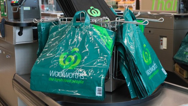 Woolworths' new thicker reusable plastic bags that are to replace single-use bags.