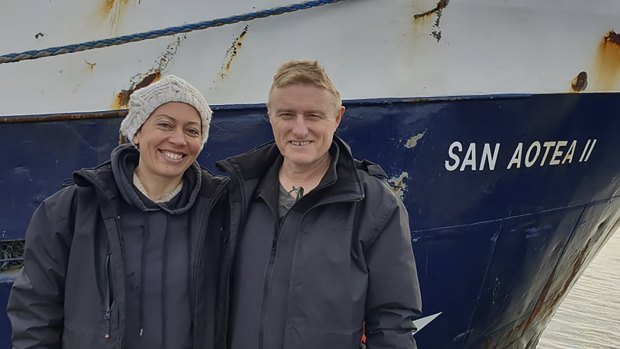 Feeonaa and Neville Clifton, Neville and Feeonaa Clifton by the San Aotea II fishing boat in the Falkland Islands before their departure.