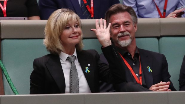 Olivia Newton-John is welcomed to question time by Speaker Tony Smith on Wednesday.