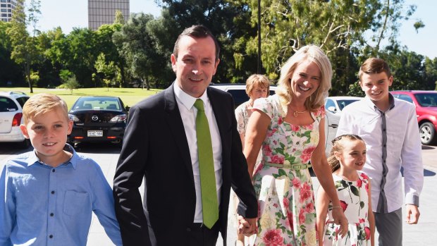 WA Premier-elect Mark McGowan arrives at the state's swearing in ceremony with his family.