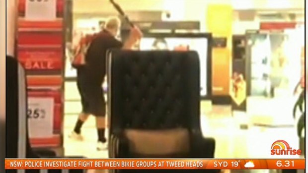 A man has gone on a rampage in Myer at Liverpool, damaging cosmetics counters with a baseball bat.