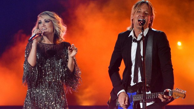 Carrie Underwood, and Keith Urban performing at the 52nd annual Academy of Country Music Awards in Las Vegas on Sunday. 