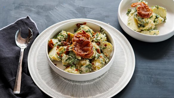 Potato salad with bacon miso mayonnaise and crispy pancetta.