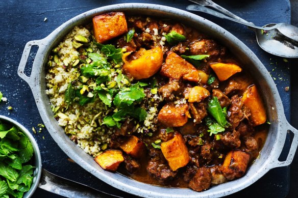 Spicy lamb braise with pistachio nuts and roast pumpkin chunks.