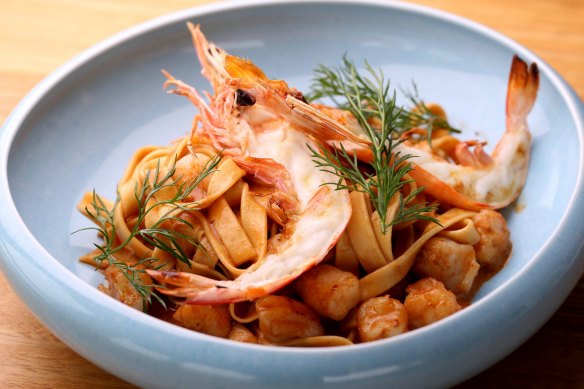 Tagliatelle with prawns and crayfish bisque.