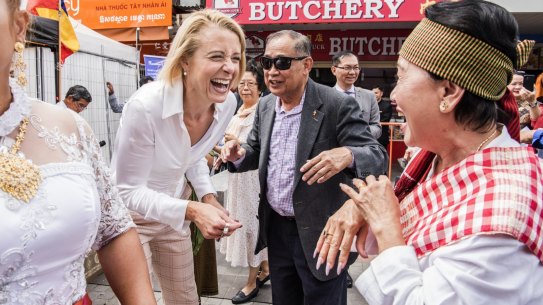 Freedom Plaza, Cabramatta.
Labor frontbencher Kirstina Keneally On-the-ground profile piece on Keneally shifting from the Senate to lower house and moving west to the seat of Fowler.
Pictured is Kristina Keneally dancing with members of the Cambodian community in Cabramatta.
12th March 2022
Photo: Steven Siewert