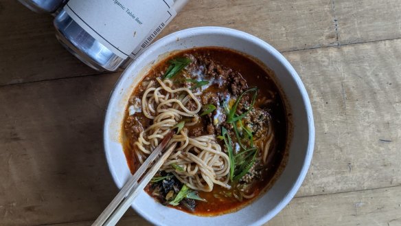 Kimchi bolognese ramen from Hotluck.