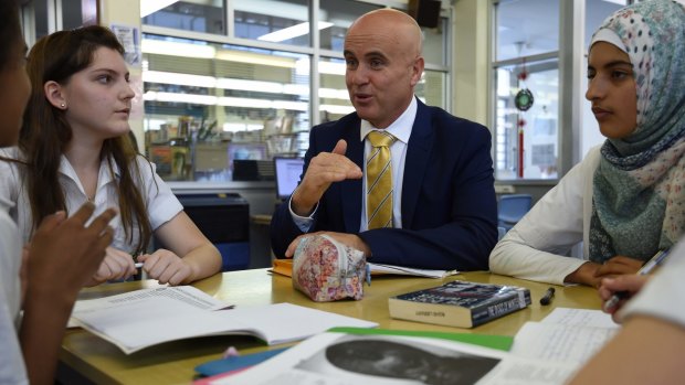 NSW Education Minister Adrian Piccoli speaks to students at Randwick Girls High School. The school is among those to benefit the most from increased funding.