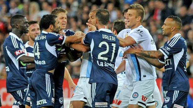 Melbourne Victory and City players clash during the Christmas derby, 2014.