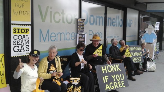 Knit-in: the Knitting Nannas against Gas outside Victor Dominello's Ryde office. 