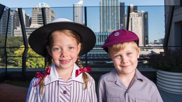 Prep students Amali Melville and Tate Verhagen on the roof of the Haileybury campus in West Melbourne.